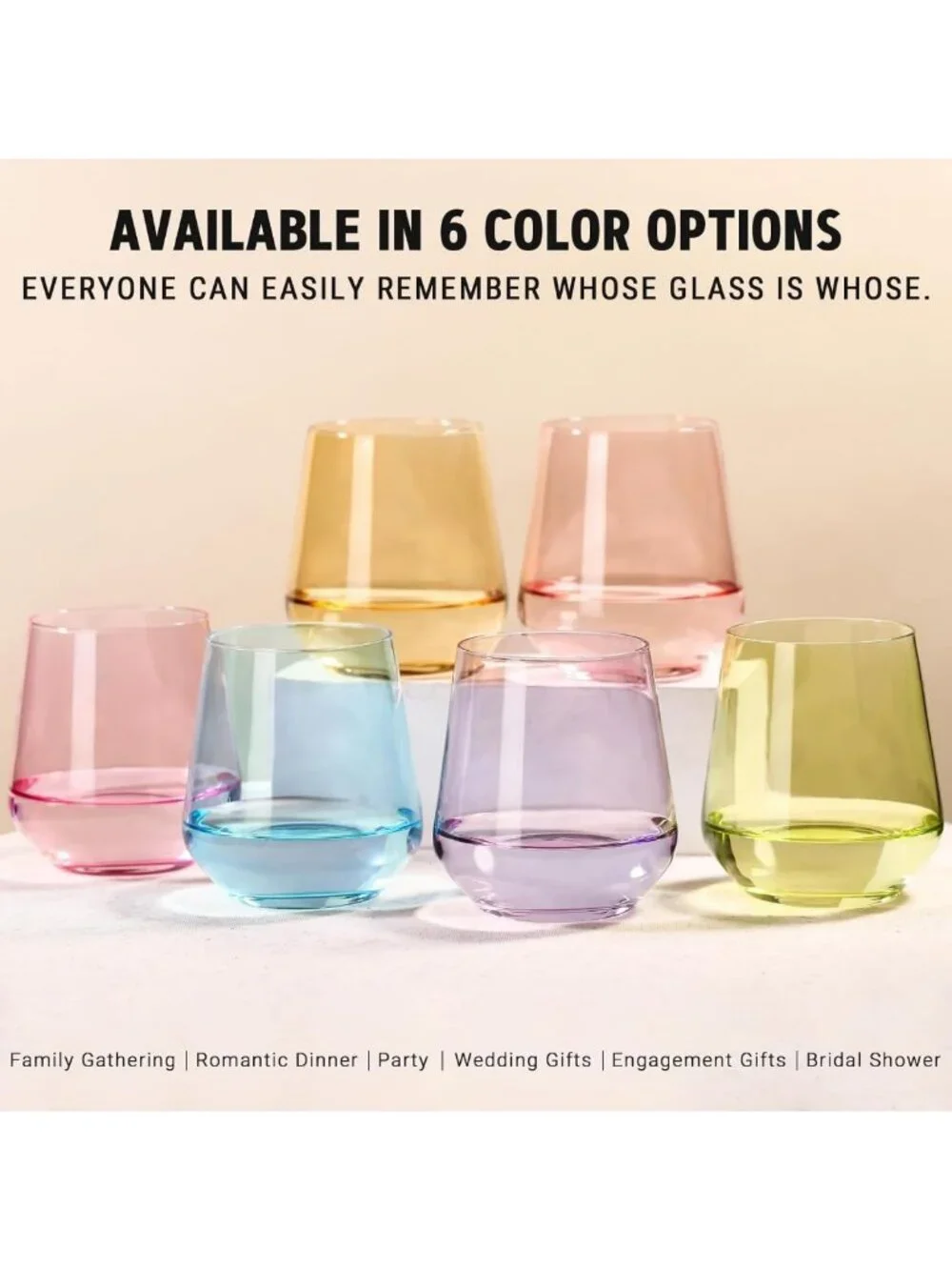 Colorful Stemless Wine Glasses Set of 6 - Hand-Blown 17 oz Crystal Glassware